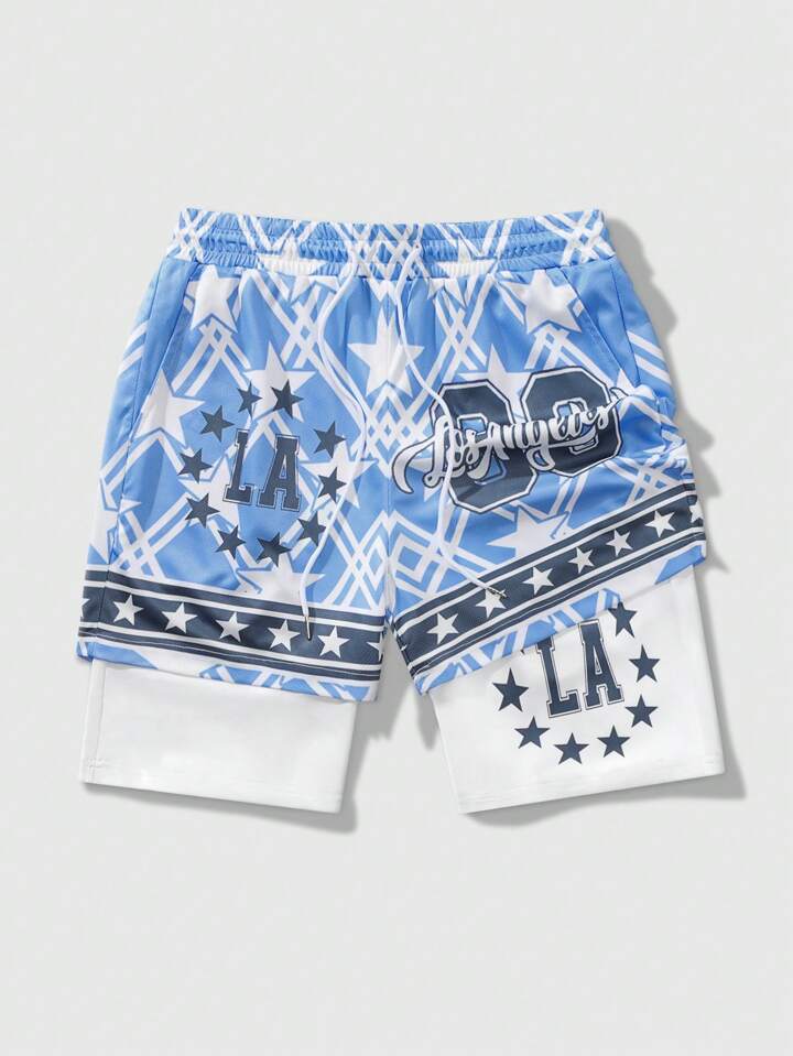 Men's Star Printed Breathable Shorts, 2 In 1, Suitable For Daily Wear In Spring And Summer, School