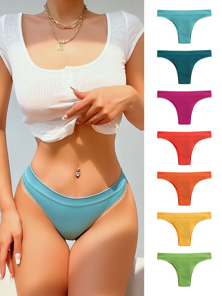 Women's Multicolor Plain High Stretch Casual Comfy Bikini Thong Underwear