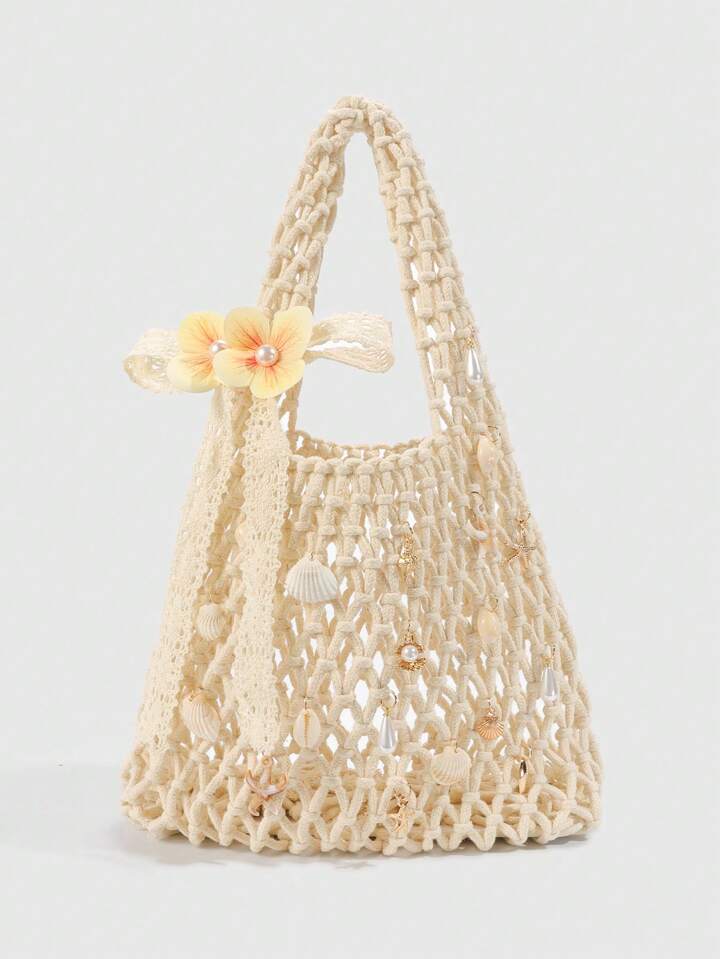 Fairycore 1pc Fashionable Personalized Spring/Summer Beach Vacation Style Orange Ocean Woven Beach Bag, Large Size Women Handbag , Beach Bag