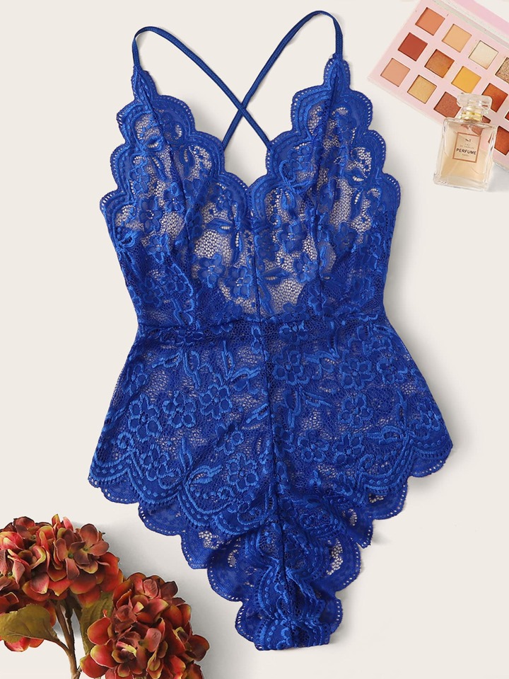 Scallop Floral Lace Teddy Bodysuit Lingerie