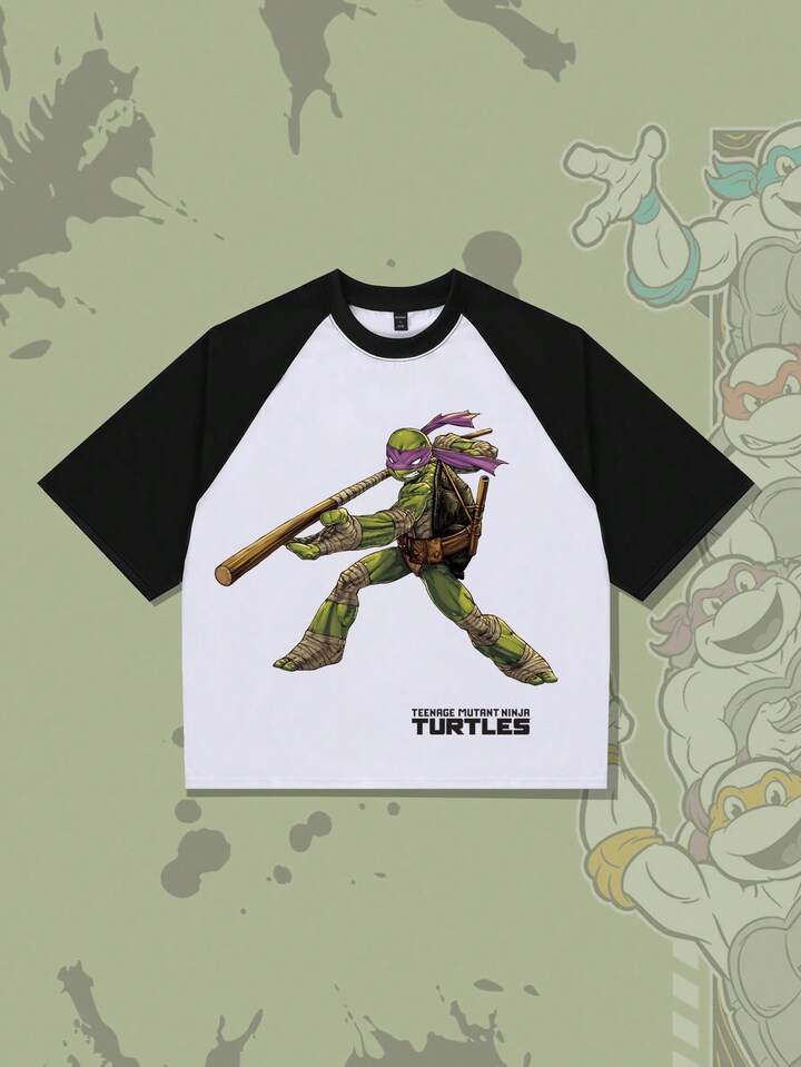 TEENAGE MUTANT NINJA TURTLES X ROMWE Men's Fashionable Street Cartoon Turtle & Slogan Graphic Contrast Raglan Sleeve Loose T-Shirt, Summer