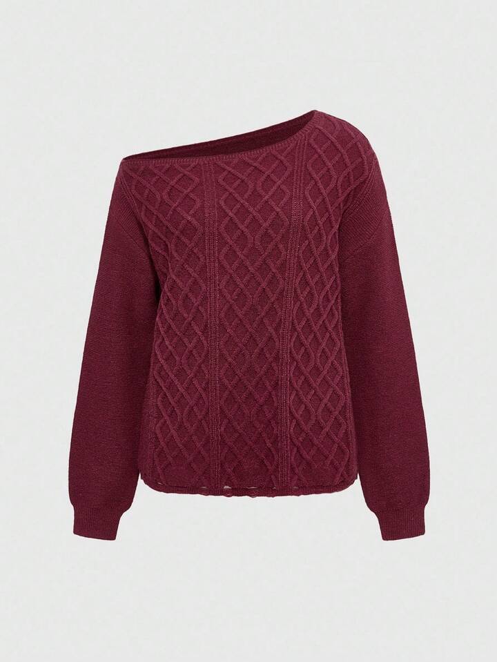 Women's Casual Oblique Shoulder Long Sleeve Cable Knit Sweater, Autumn/Winter