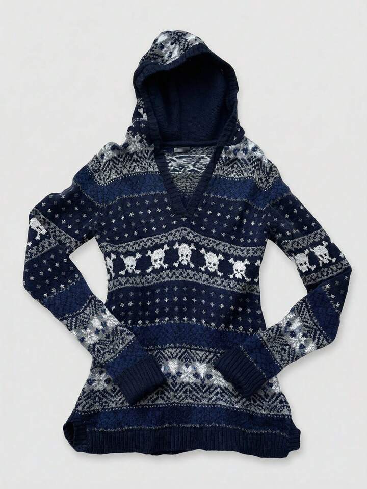 J-Fashion Halloween Skull Jacquard Print Pullover Hoodie Sweater For Women, Autumn/Winter