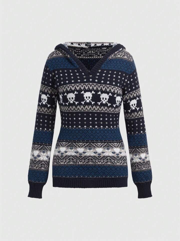 J-Fashion Halloween Skull Jacquard Print Pullover Hoodie Sweater For Women, Autumn/Winter 2 J-Fashion Halloween Skull Jacquard Print Pullover Hoodie Sweater For Women, Autumn/Winter