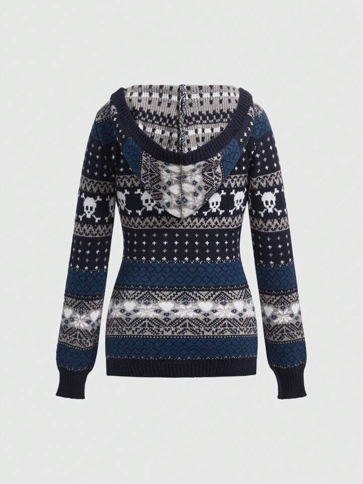J-Fashion Halloween Skull Jacquard Print Pullover Hoodie Sweater For Women, Autumn/Winter 5 J-Fashion Halloween Skull Jacquard Print Pullover Hoodie Sweater For Women, Autumn/Winter