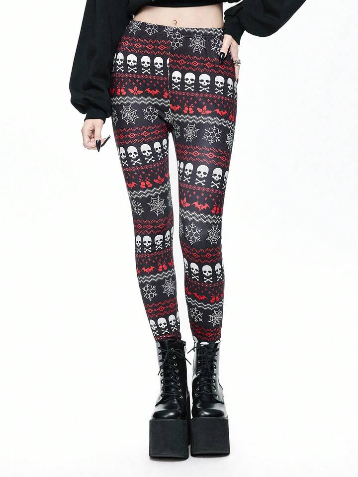 Gothic Style Christmas Skeleton, Bat, Spider Web, Snowflake, Iris Flower Print Women Elastic Leggings