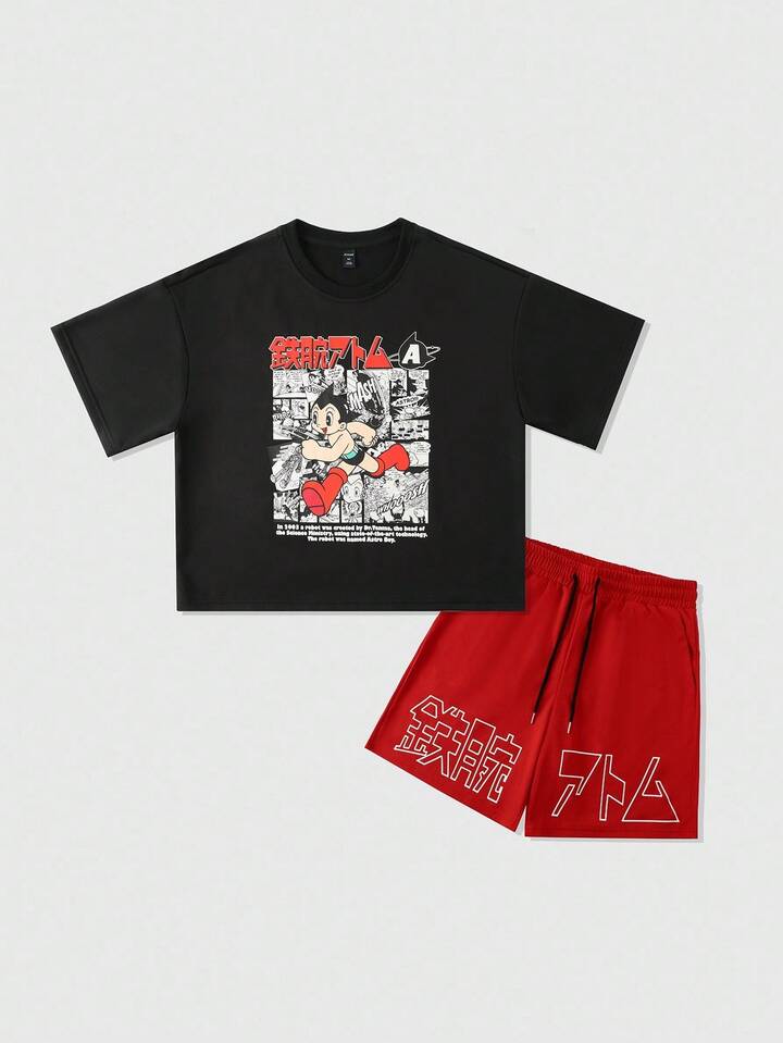 Astro Boy X ROMWE 2pcs Men's Cartoon Figure Graphic Short Sleeve T-Shirt And Drawstring Waist Shorts Set