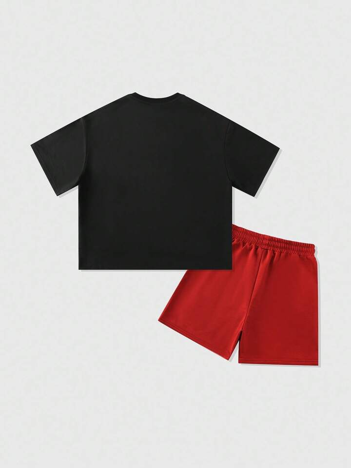 Astro Boy X ROMWE 2pcs Men's Cartoon Figure Graphic Short Sleeve T-Shirt And Drawstring Waist Shorts Set