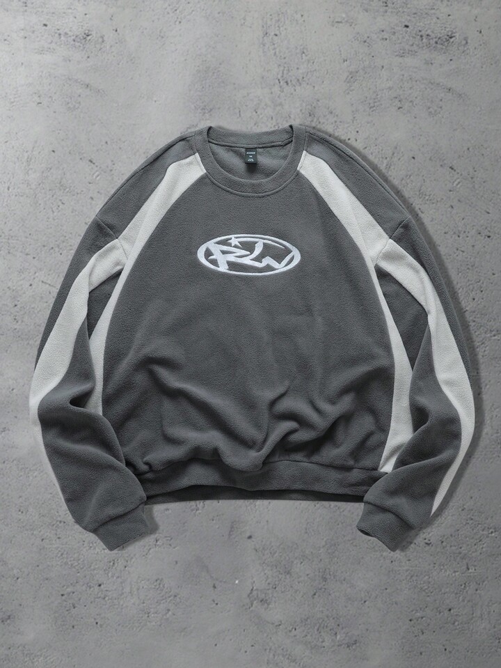 Casual Men's Contrast Color Letter Embroidery Pullover Sweatshirt, Long Sleeve Top