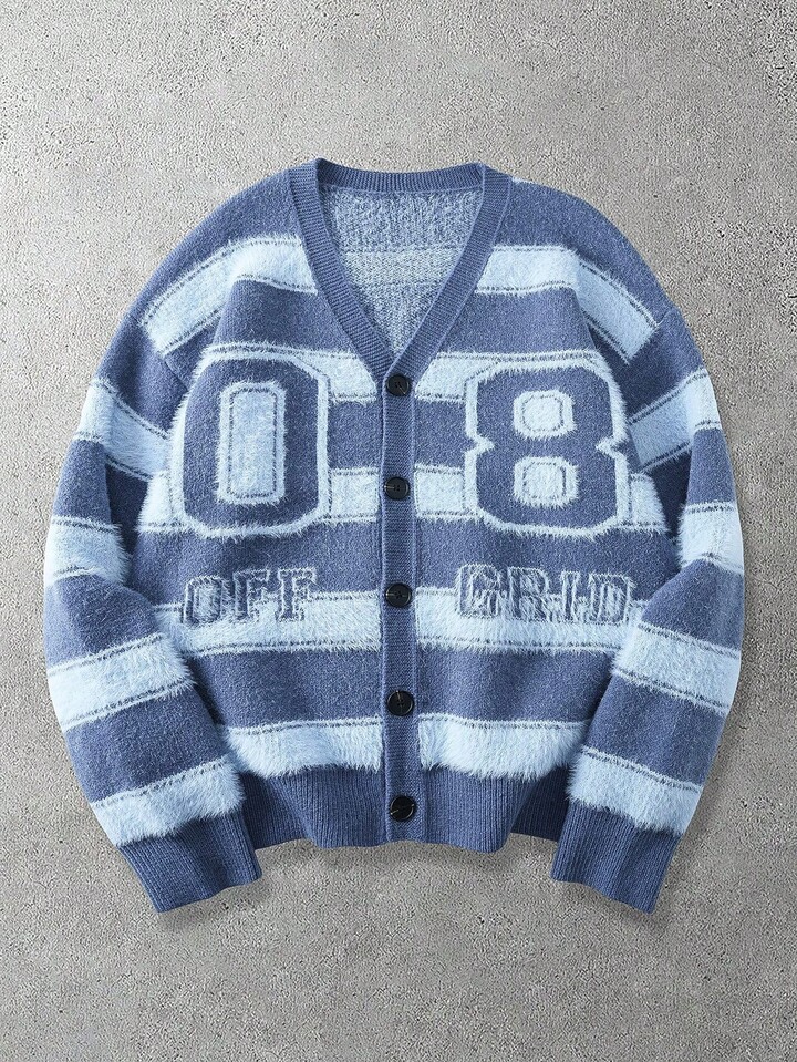 Men's Casual Fashion Street Colorblock Striped Numeric & Letter Pattern V-Neck Dropped Shoulder Loose Button-Front Cardigan, Autumn/Winter