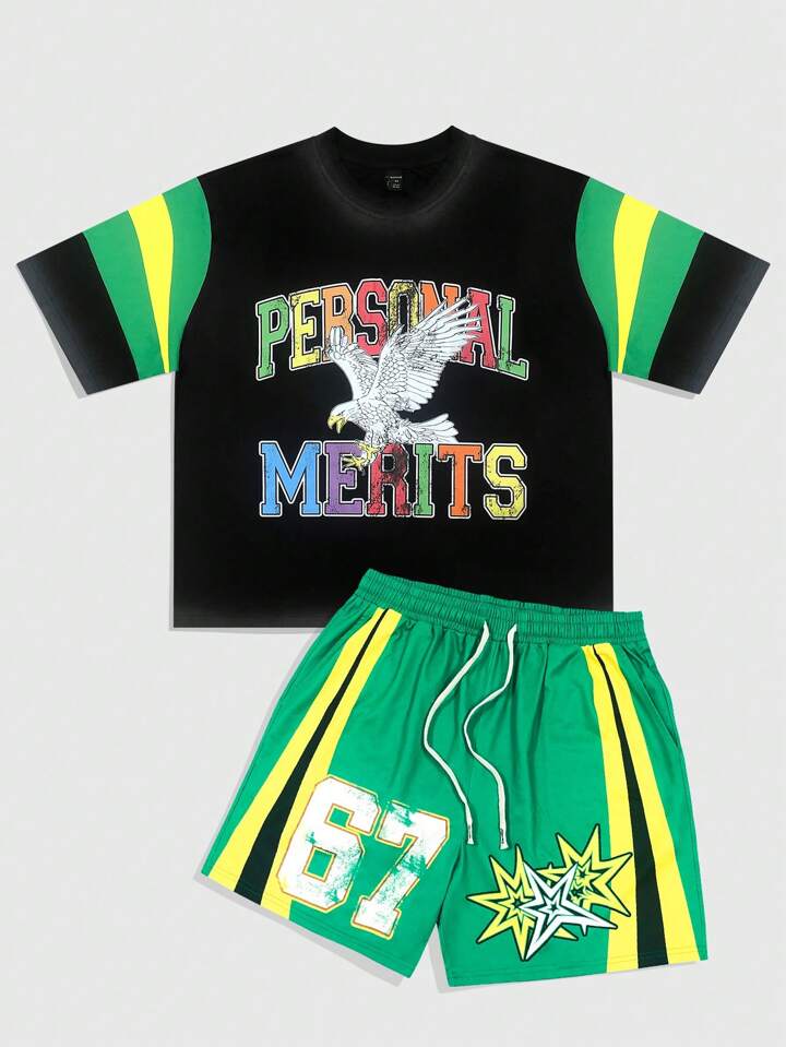 Street Life Men's Jersey Letter Print Patchwork Contrast Color T-Shirt And Shorts Set