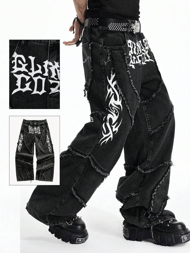 Men's Letter Print Patchwork Frayed Pocket Wide Leg Loose Casual Jeans