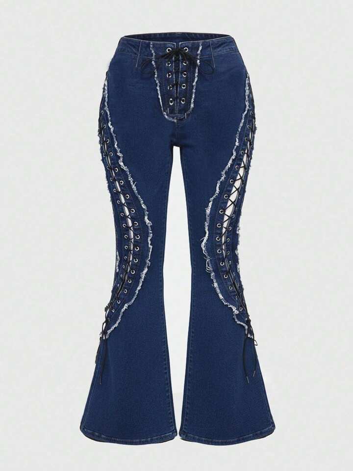 Grunge Punk Y2K Hollow Eyelets Lace-Up Decor Plus Size Skinny Flare Jeans, Christmas Holiday Casual Denim Pants
