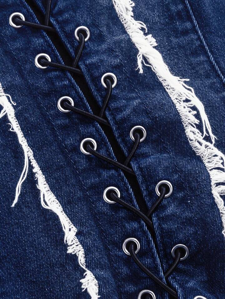 Grunge Punk Y2K Hollow Eyelets Lace-Up Decor Plus Size Skinny Flare Jeans, Christmas Holiday Casual Denim Pants 3 Grunge Punk Y2K Hollow Eyelets Lace-Up Decor Plus Size Skinny Flare Jeans, Christmas Holiday Casual Denim Pants