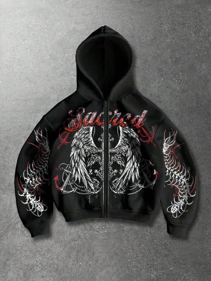 Men's Letter & Wing Print Zip-Up Hoodie