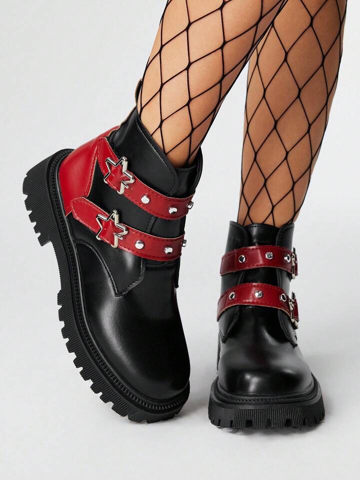 Grunge Punk Women Punk Style Ankle Boots, Colorblock Round Toe Chunky Platform 5cm Heel, Metallic Studs, Double Hook And Loop Strap, PU Leather, Daily & Casual