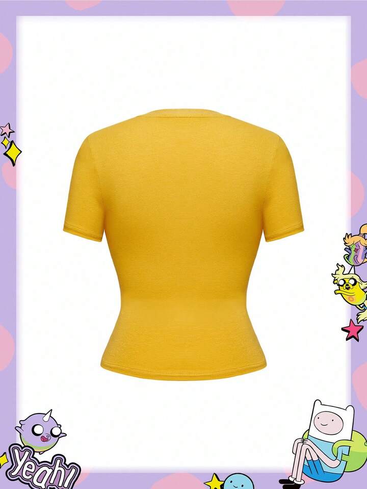 Adventure Time X ROMWE Plus Size Casual Cartoon Pattern Round Neck Slim Fit Short Sleeve T-Shirt, Summer
