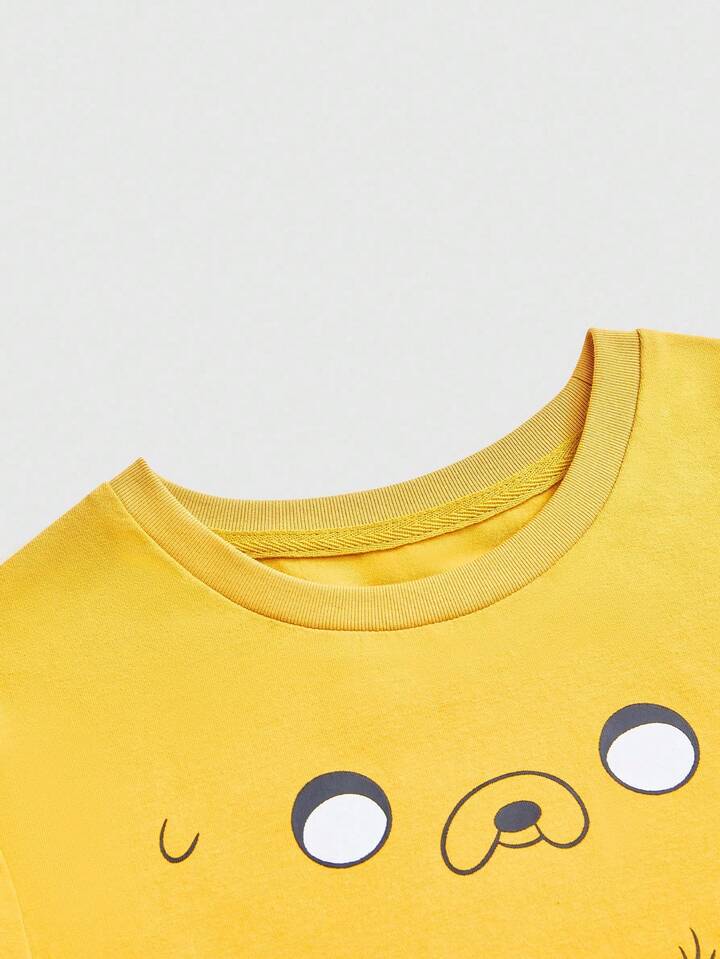 Adventure Time X ROMWE Plus Size Casual Cartoon Pattern Round Neck Slim Fit Short Sleeve T-Shirt, Summer