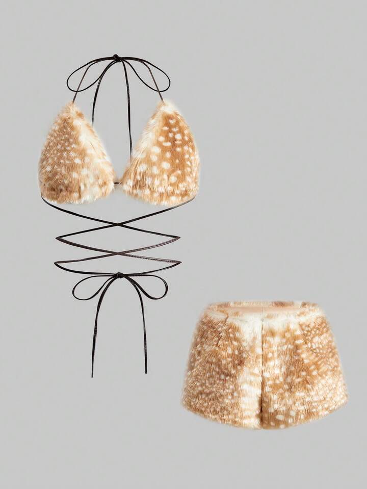 ROMWE Avant Y2K Sexy Deer Spot Print Fluffy Bikini Top And Super Low-Rise Shorts 2 Pieces Set For Women