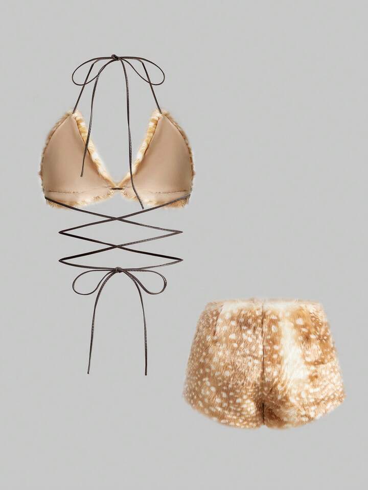ROMWE Avant Y2K Sexy Deer Spot Print Fluffy Bikini Top And Super Low-Rise Shorts 2 Pieces Set For Women