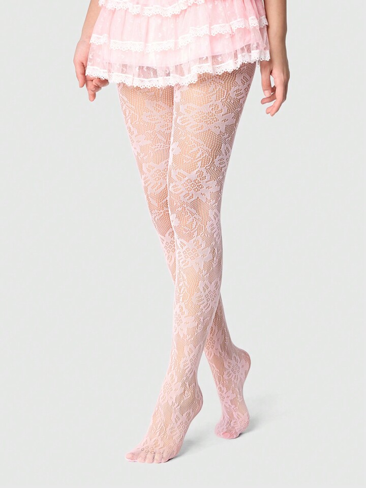 ROMWE Avant 1 Pair Sexy Floral Lace Fishnet Tights, Vintage Erotic Pink Opaque Pantyhose, Thin And Stretchy Sheer Stockings