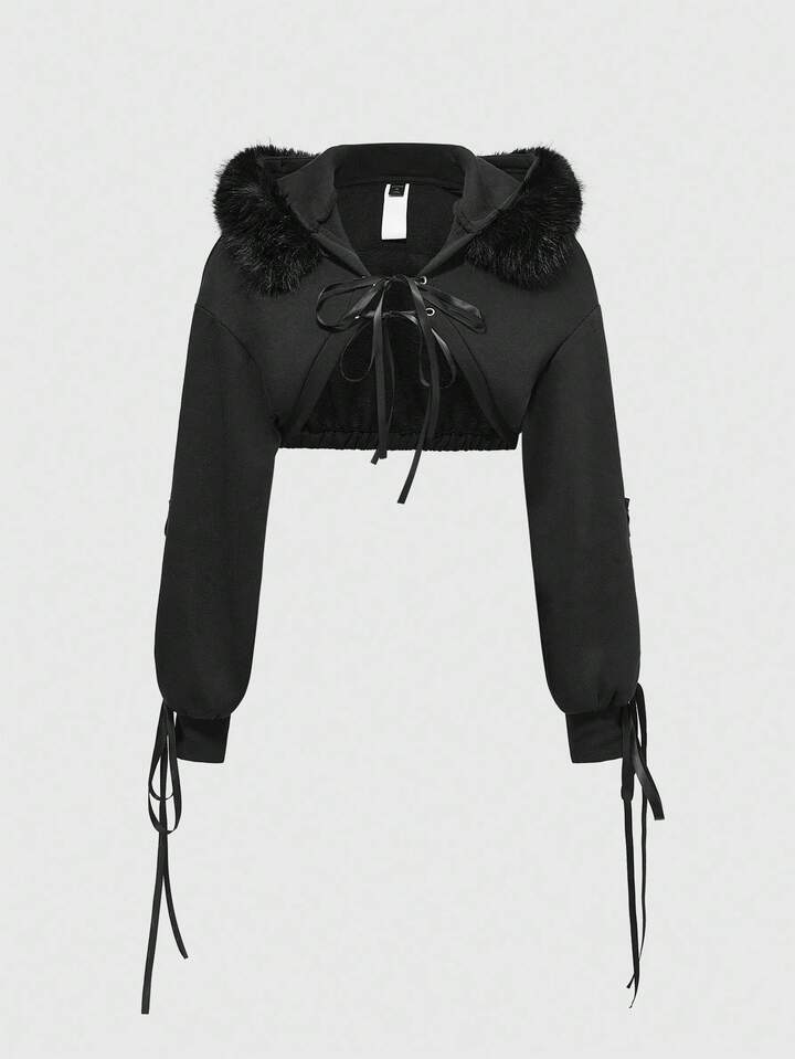 Grunge Punk Hooded Cropped Open Front Sleeveless Sweatshirt For Women