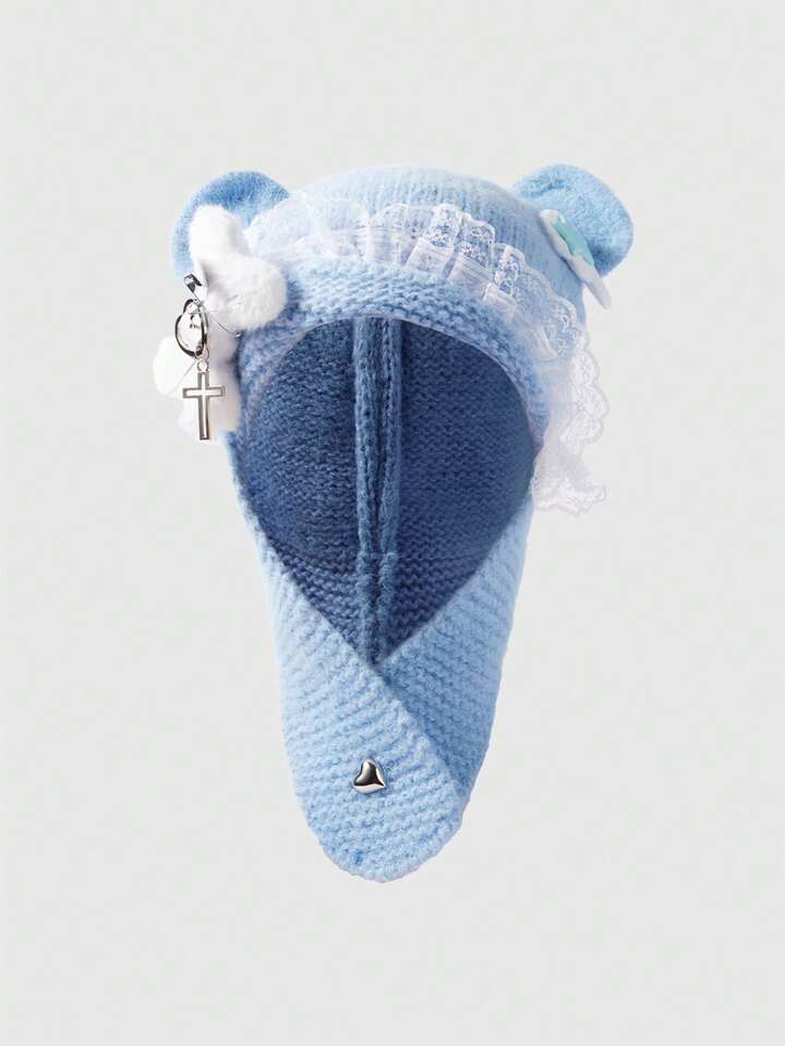 Goth 1 Cute Blue Knitted Hat, Y2K Plush Bone Lace Hat, Creative And Kawaii Cat's Ear Hat