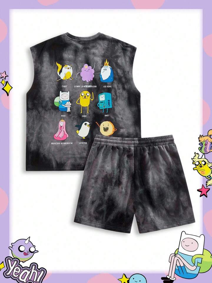 Adventure Time X ROMWE Men's Summer Casual Street Fashion Cartoon Letter Print Distressed Washed Loose Tank Top And Drawstring Waist Shorts Set