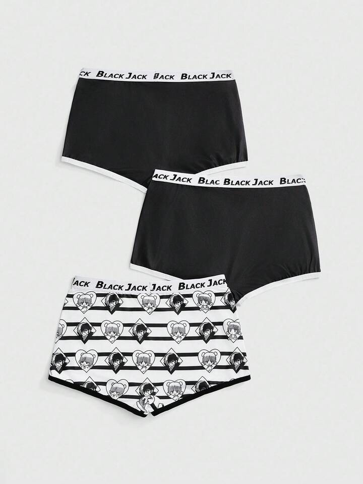 Black Jack X ROMWE 3pcs/Set Cartoon Figure Graphic Jacquard Waistband Graphic Print Splice Boxer Briefs
