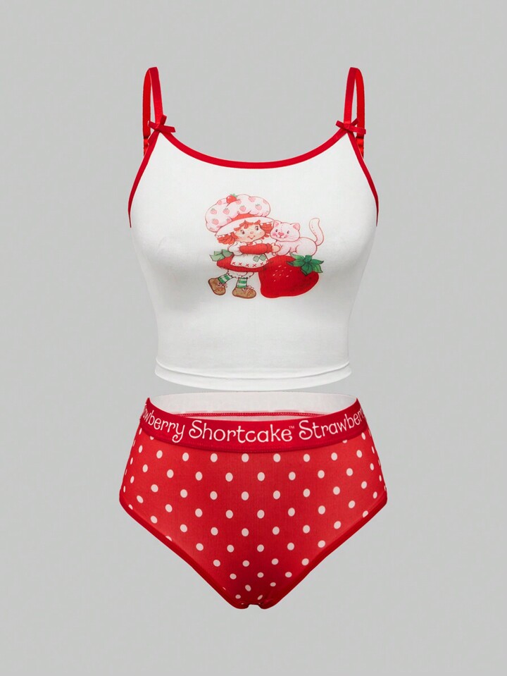 Cartoon Strawberry Print Bra And Brief Set For Women, Christmas Clothes