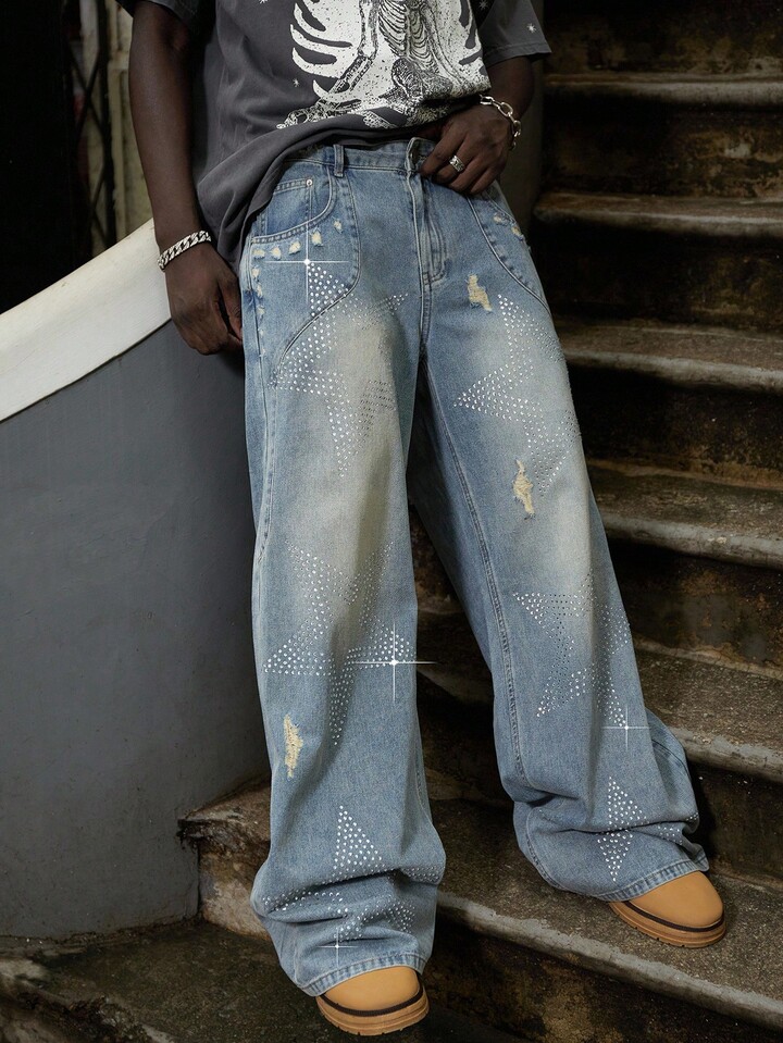 Street Life Men's Casual Washed Distressed Star Rhinestone Ripped Wide Leg Jeans