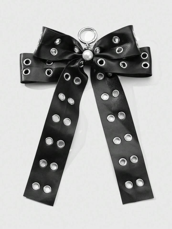 Grunge Punk 1pc Y2K Style Retro Punk Chic High-End Black Leather Double-Row Hollow Air Hole Faux Pearl Bow DIY Keychain Bag Pendant, Suitable For Women Girls Everyday Wear, Holiday Gift