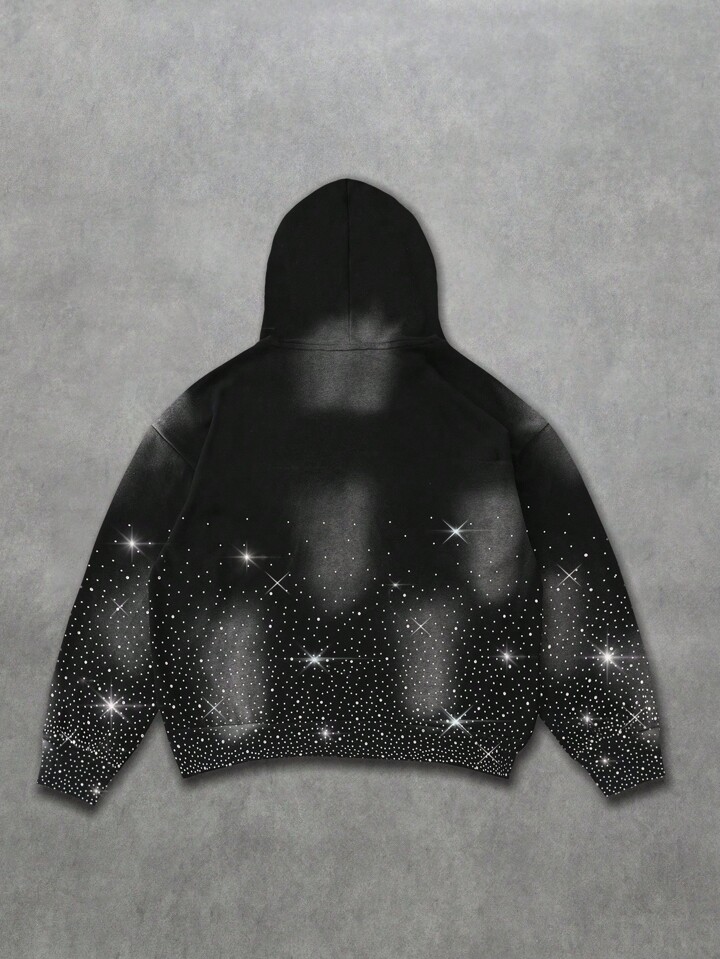 Street Life Men's Distressed Rhinestone Embellished Hoodie, Loose Cropped Fit
