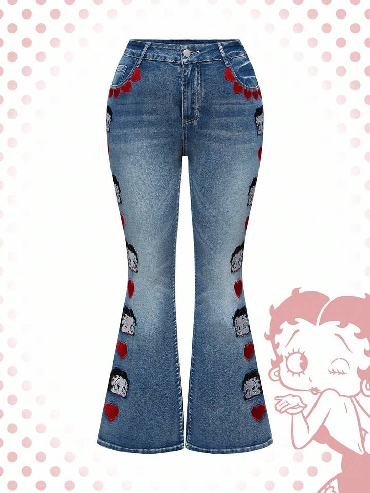 Betty Boop | ROMWE Plus Size Heart & Figure Embroidered Flare Jeans