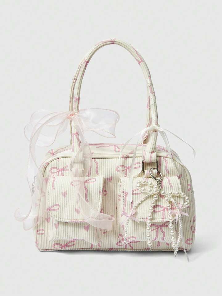 1pc Pink Corduroy Bow Heart Print Fashion Portable Bow Pearl Decor Kawaii Women Tote Bag, Large Capacity