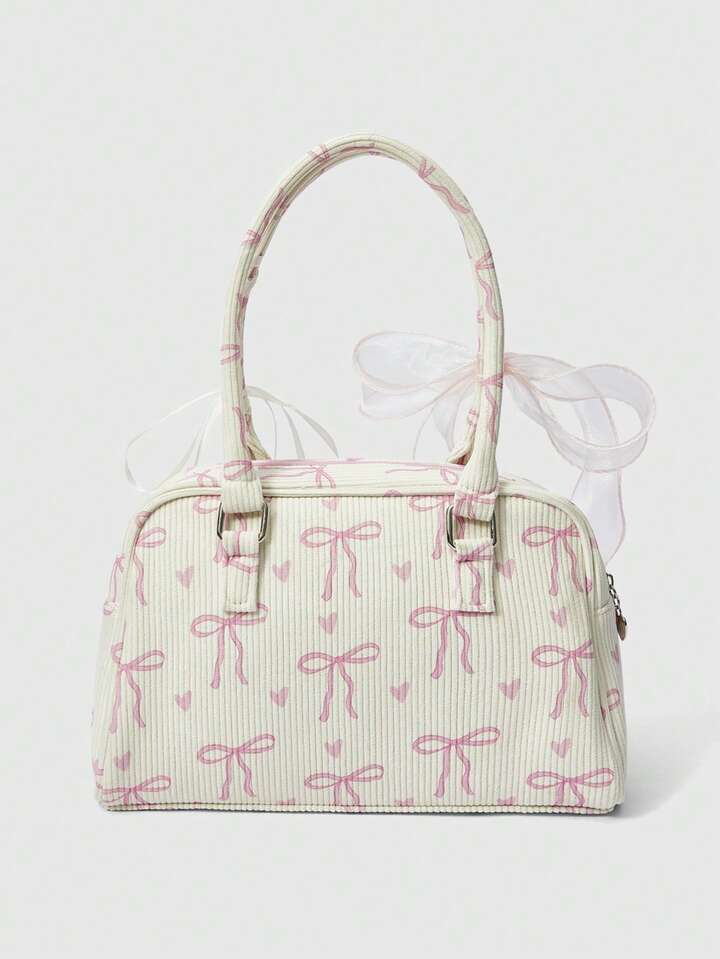 1pc Pink Corduroy Bow Heart Print Fashion Portable Bow Pearl Decor Kawaii Women Tote Bag, Large Capacity