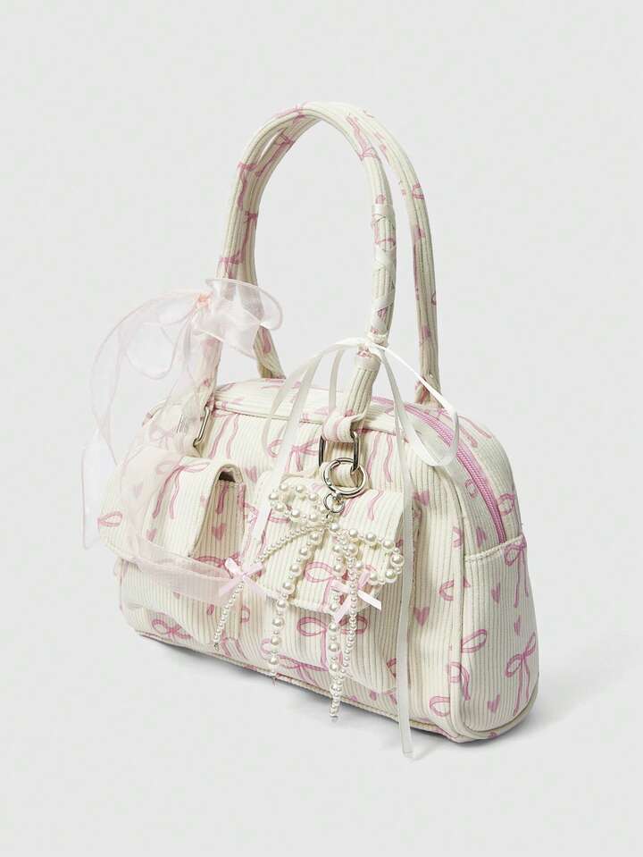 1pc Pink Corduroy Bow Heart Print Fashion Portable Bow Pearl Decor Kawaii Women Tote Bag, Large Capacity
