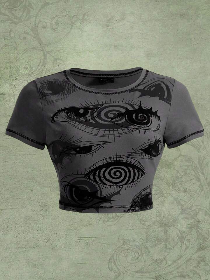 Goth Plus Size Eye Print Crop Top T-Shirt, School