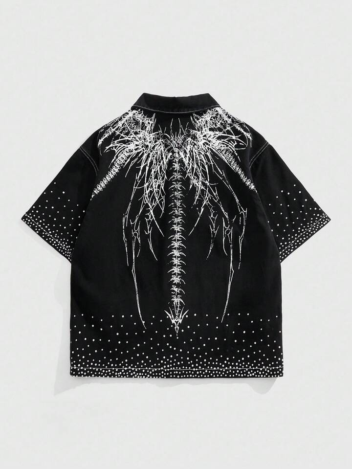 Goth Men's Street Fashion Letter Print Rhinestone Decor Short Sleeve Denim Top