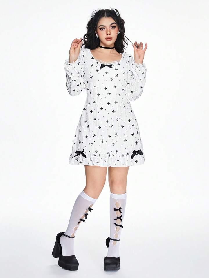 Kawaii Women's Bowknot Print Patchwork Ruffle Trim Mini White Dress
