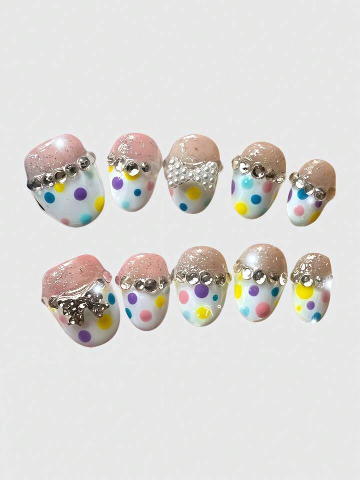 Kawaii Cute Lace Edged Romantic Heart Ballerina Style Bow White Wings Metal Music Note Pink Series Handmade False Nail Tips, Mass Produced Energetic Girl Wear, Suitable For Daily Outings And Dates