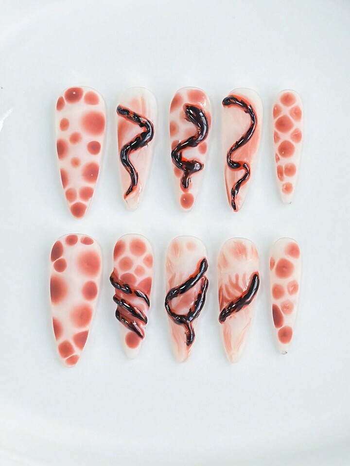 Grunge Punk 10pcs Fall Long Halloween Mini Snake Fake Nails + 3pcs Double-Sided Adhesive, Punk Style Detachable Hand-Painted Nail Stickers, Reusable For Parties, Dancing And Daily Wear