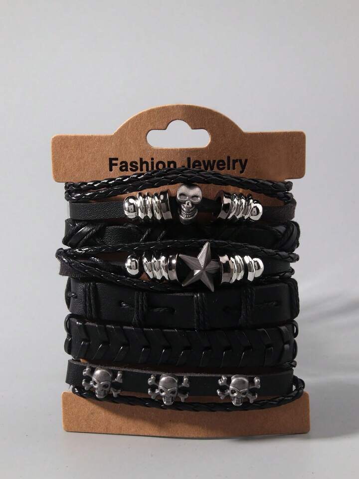 Grunge Punk 5pcs/Set Retro Hippie Style Pentagram Beaded Wing PU Leather Bracelets For Women, Suitable For Daily Wear And Festivals