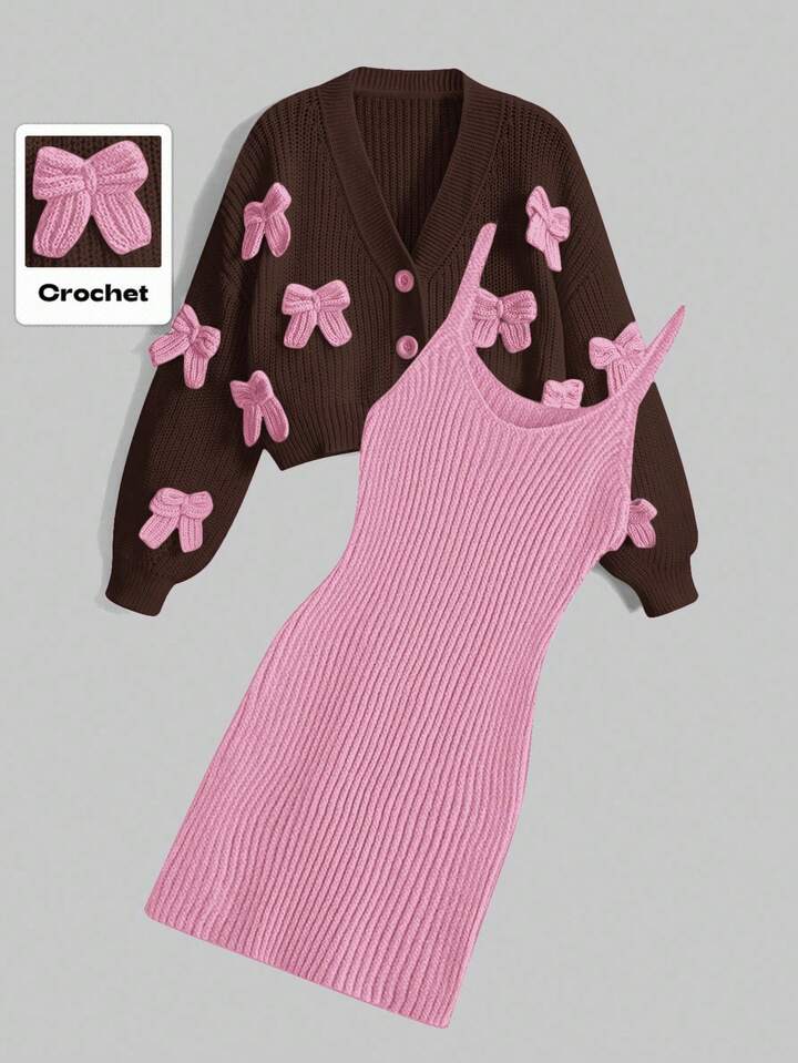 Kawaii Coquett Bow Decor Cardigan & Camisole Knit Dress 2 Pieces Set