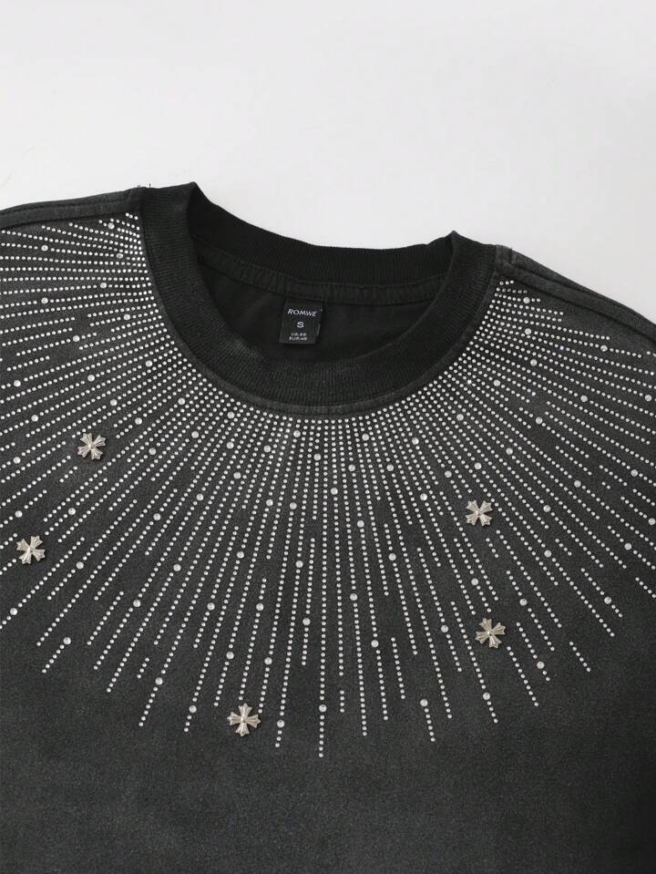 Men's Street Life Fashionable Distressed Diamond Embellished Loose Fit T-Shirt, Summer