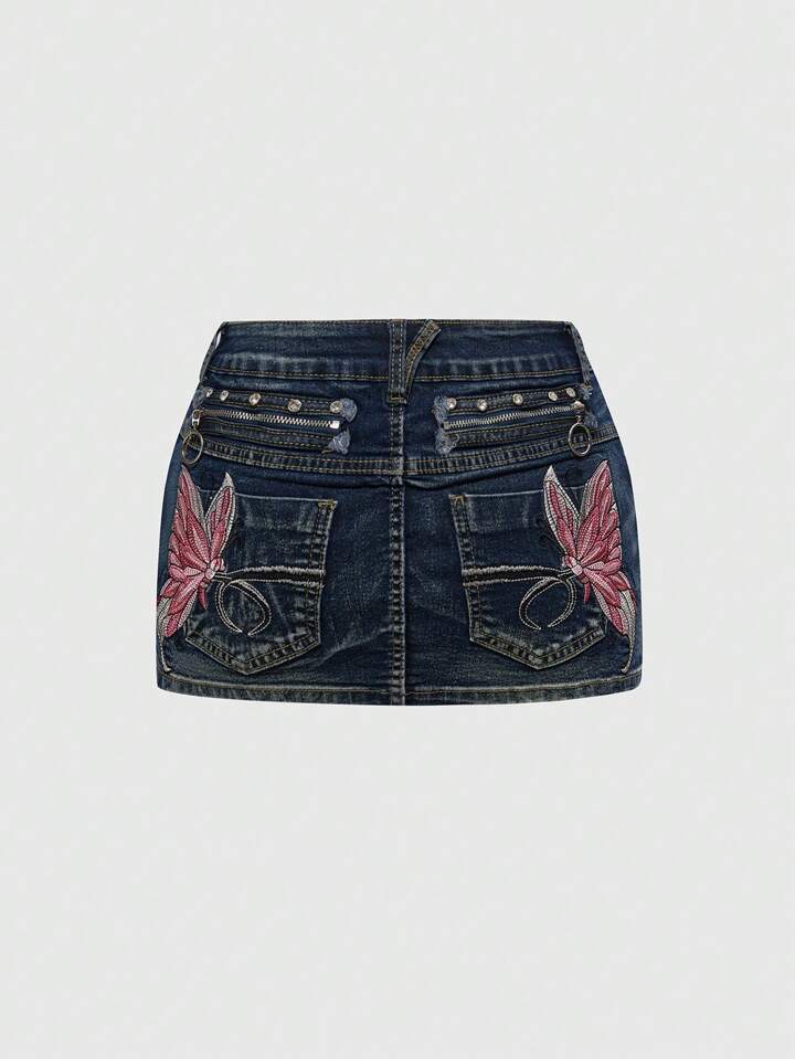 Fairycore Women Summer Casual Denim Skirt With Butterfly Embroidery, Suitable For Music Festivals
