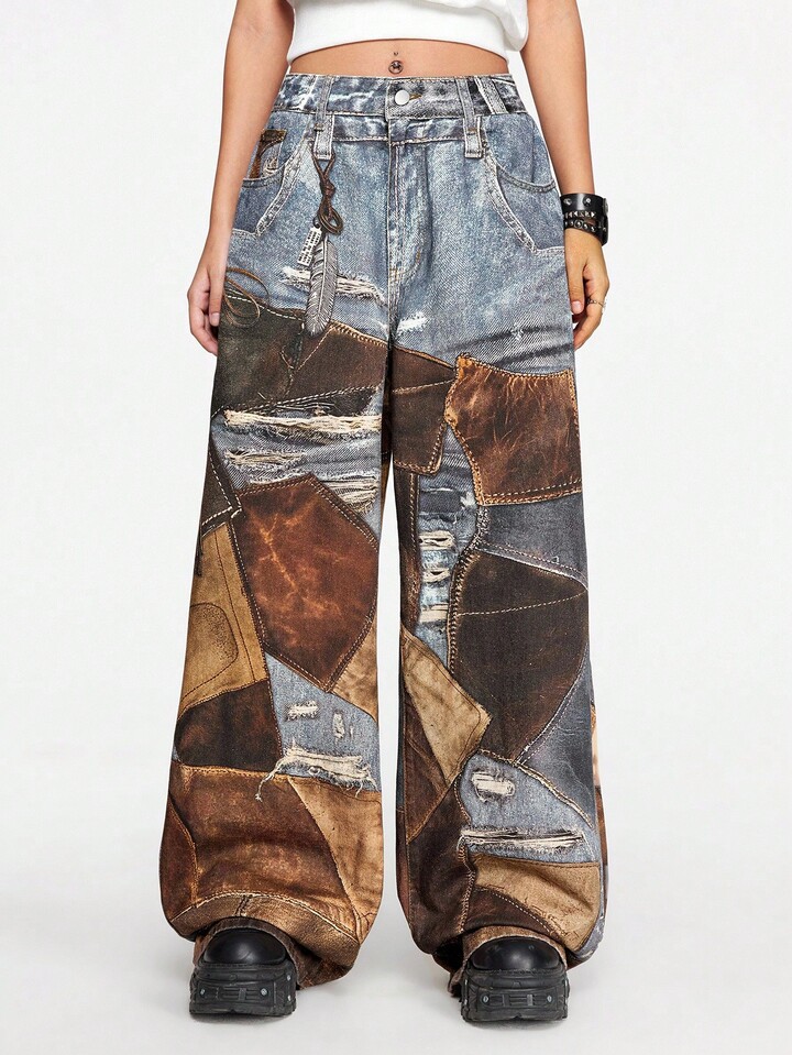Street Life Y2K Streetwear Punk Patchwork Print Loose Wide-Leg Jeans