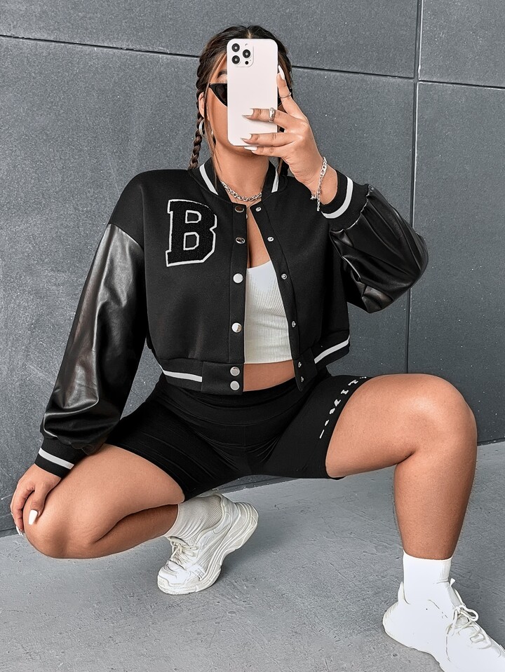 Plus Letter Patched Striped Trim Drop Shoulder Crop Bomber Jacket Winter Fall Autumn
