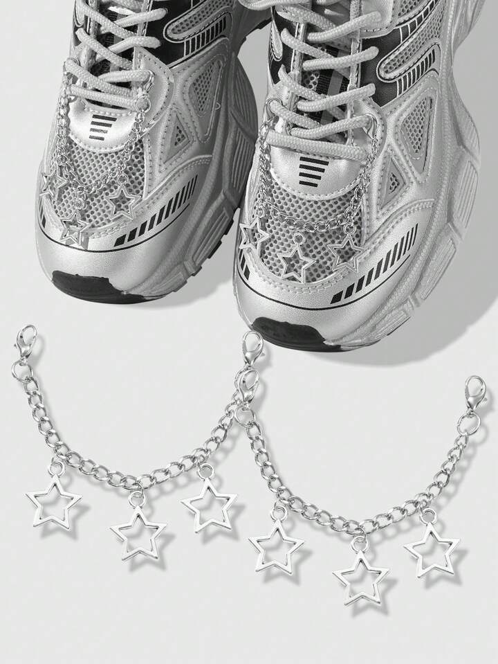 Grunge Punk 2pcs Y2K Chic Minimalist Stylish High-Quality Silver Hollow Star/Bow-Knot Pendant DIY Shoelace Shoe Decoration Combination Set, Suitable For Women Daily Wear, Holiday Gift