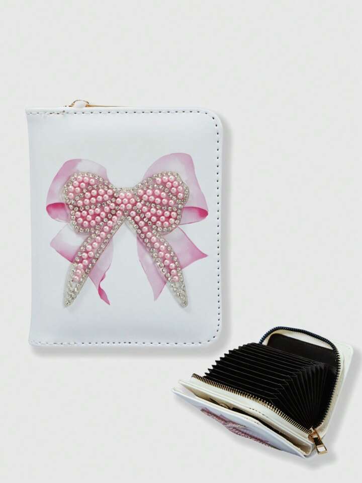 Kawaii Cute Girl Style Crystal Pearl Bow Print Multi-Function Zipper Card Holder With Coin Purse, Pink 401422